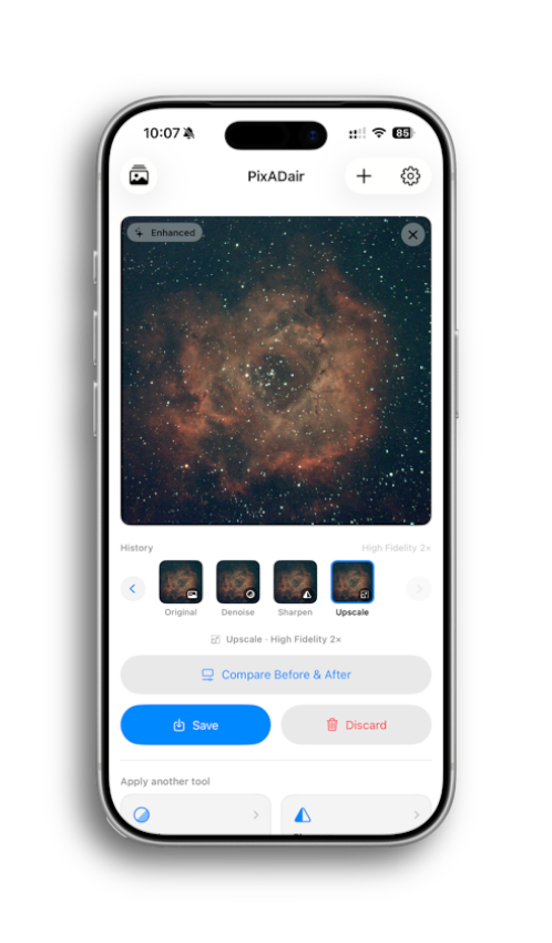 PixADair multi-tool editor showing a crop, denoise, sharpen, and upscale chain applied to a deep-sky nebula photograph